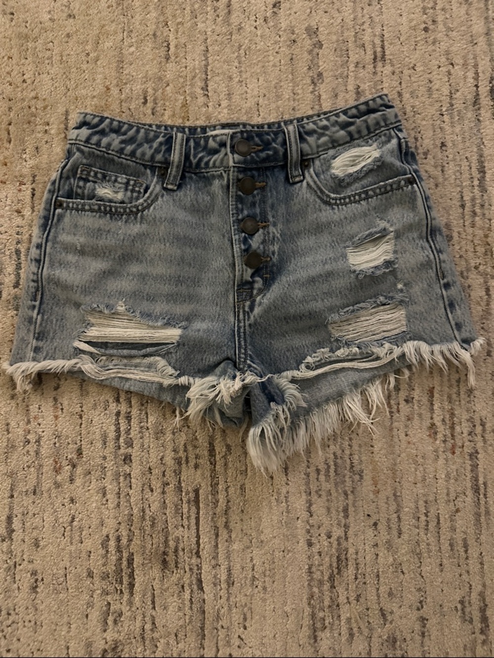 Altar'd State Distressed Button-Front Denim Shorts - Light Blue Wash